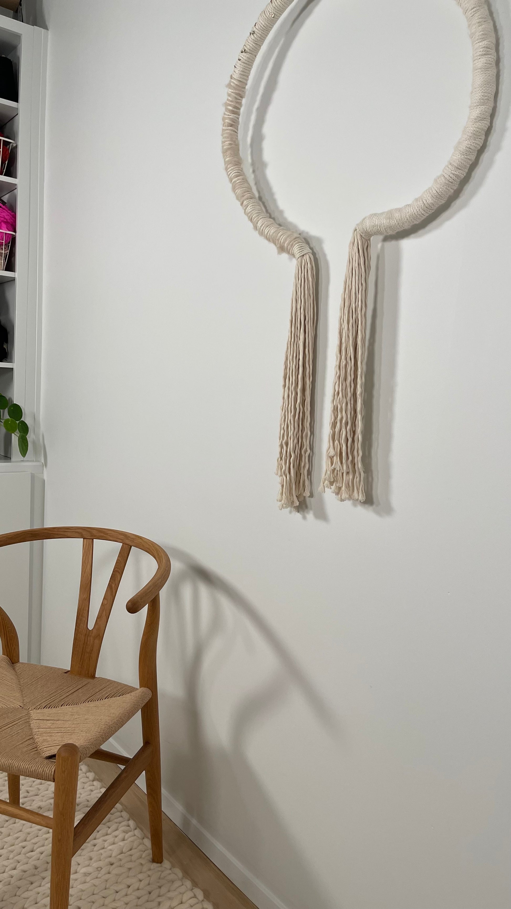 wrapped wall hanging in natural color cotton and yarns